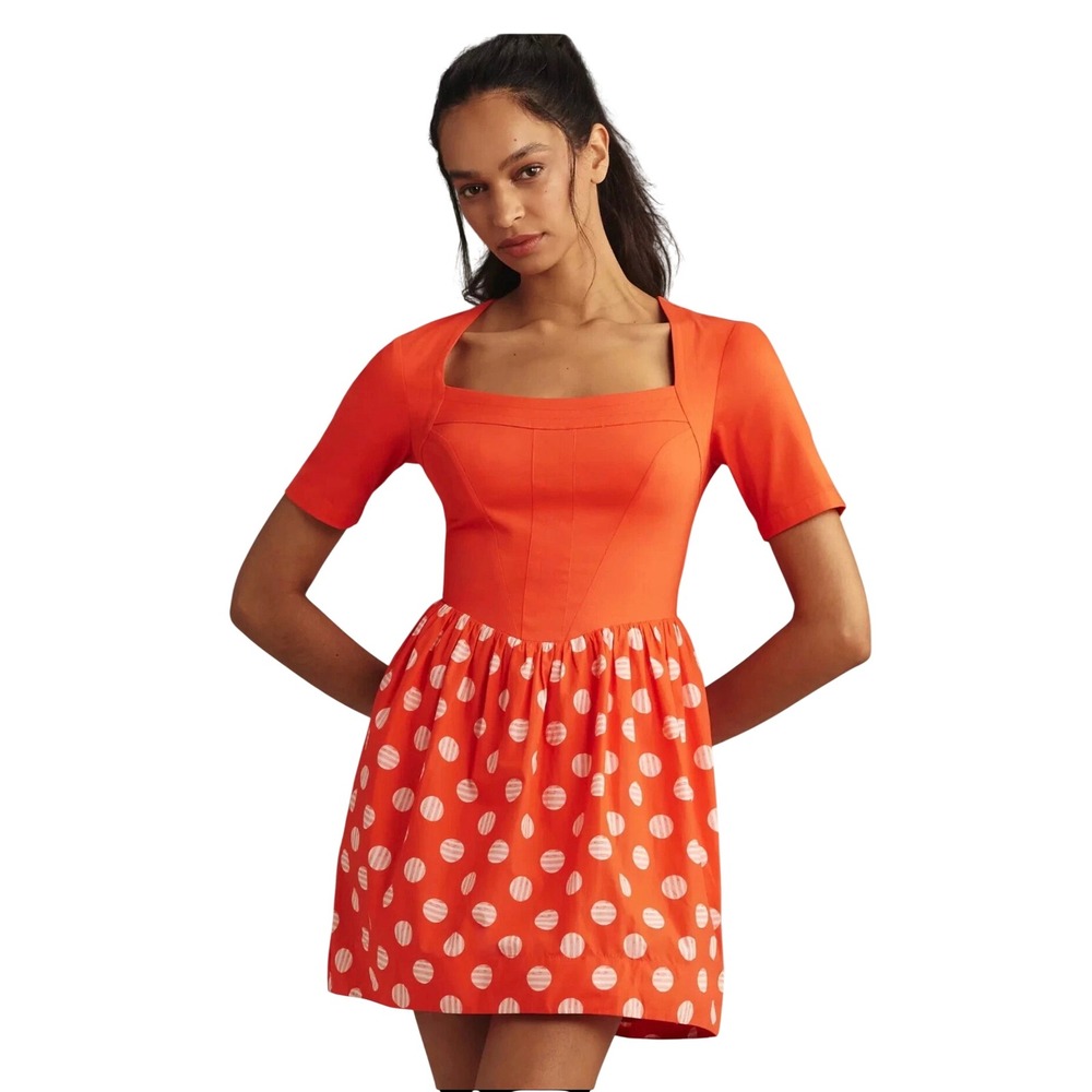 Anthropologie Maeve Orange Polka Dot Square Neck Mini Dress OB1912703 LP Petite